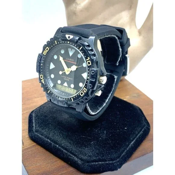 Casio Men's Watch AQ-110 Quartz Analog Digital Alarm 44mm 740 Black Rubber USED - Picture 2 of 14